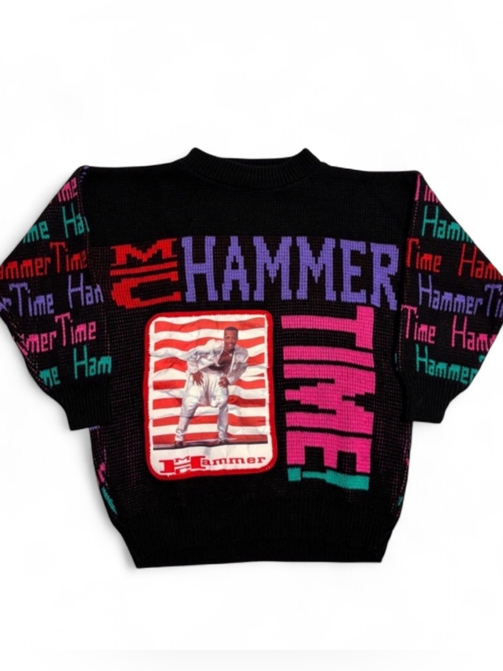 1991 RARE MC Hammer Colourful 3/4 Sleeve Crew Neck Knit Sweater-90s 1990s Retro